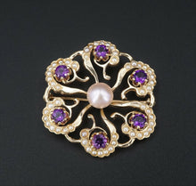 Vtg 14k Yellow Gold Amethyst Seed Pearl Sunburst Scroll Pin Brooch 1.4" OG334