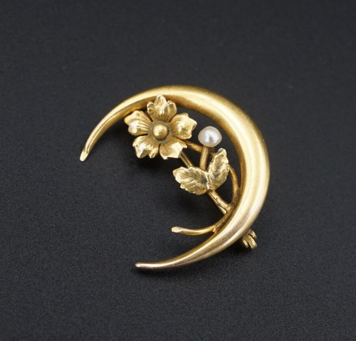Antique Art Nouveau 10k Gold Seed Pearl Lapel Pin Brooch Flower Crescent OG455