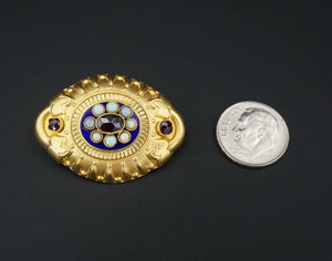 Antique 18k Yellow Gold Etruscan Revival Opal Blue Enamel Pendant Brooch OG291