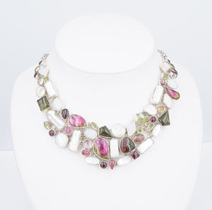 Sterling Silver Necklace Watermelon Tourmaline Bib Statement Chunky 18" NS2116