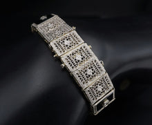 Antique Art Deco Platinum over 14k Gold Onyx Diamond Filigree Bracelet BG790