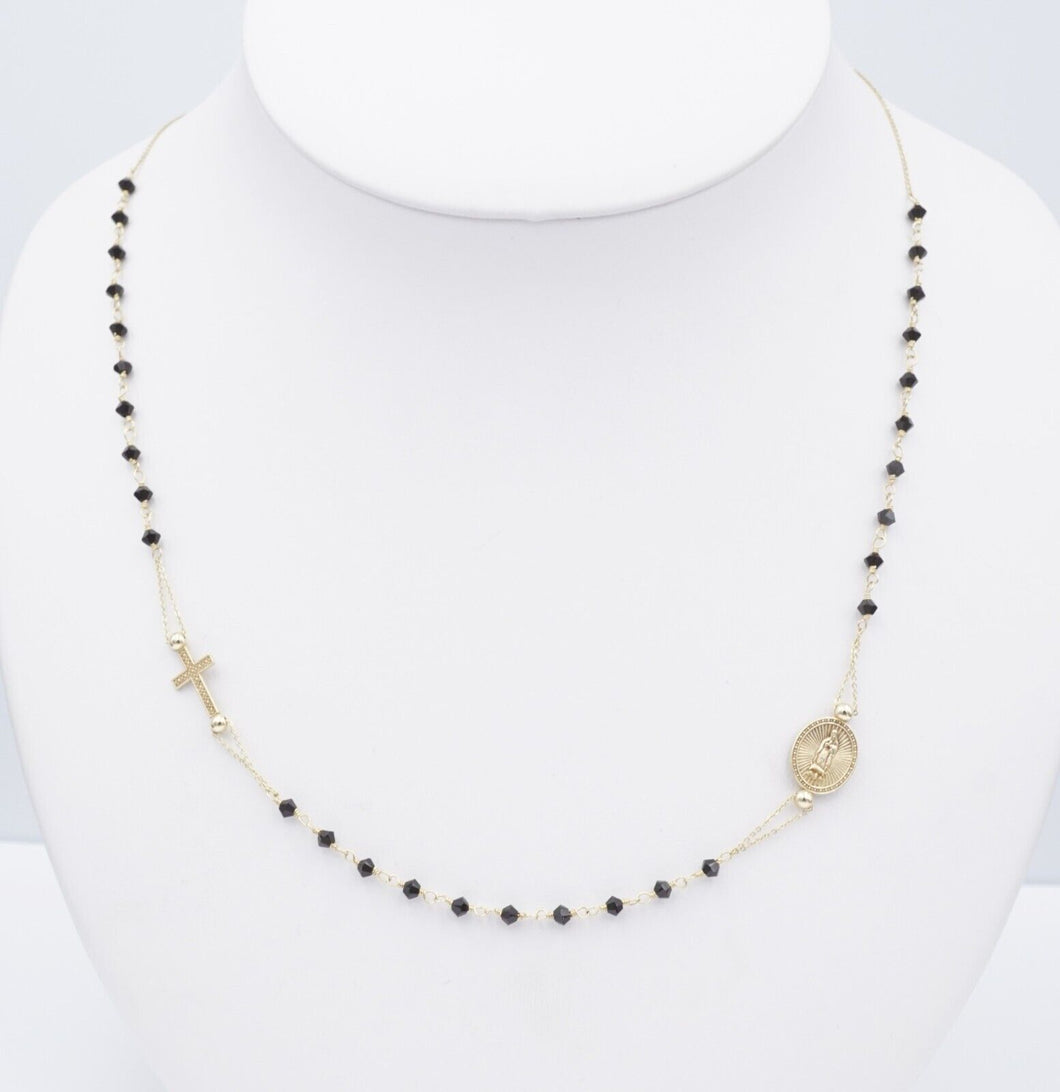 14k Gold Onyx Bead Prayer Necklace Rosary Cross Mary Guadalupe Medallion NG1575