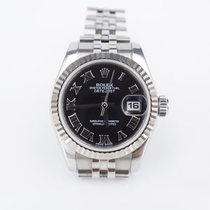 Ladies Rolex Datejust 18k SS Black Roman 26mm 6.5" 179174 2011 W970