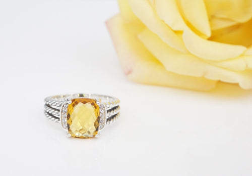 David Yurman Petite Wheaton Ring Diamond Citrine Sterling Silver 10mm 6 RS3514