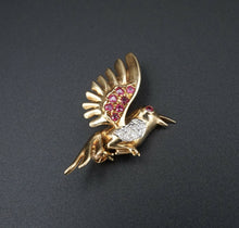 Vintage 14k Yellow Gold 0.3ct Ruby Diamond Detailed 3D Bird Pin Brooch 1" OG379