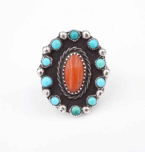 Native Sterling Silver Turquoise Coral Ring Size 5.25 Vintage Artisan RS3584