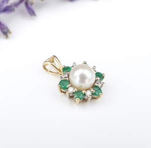 14k Yellow Gold Pearl Pendant Emerald Diamond Halo Cluster Flower Sun PG1759