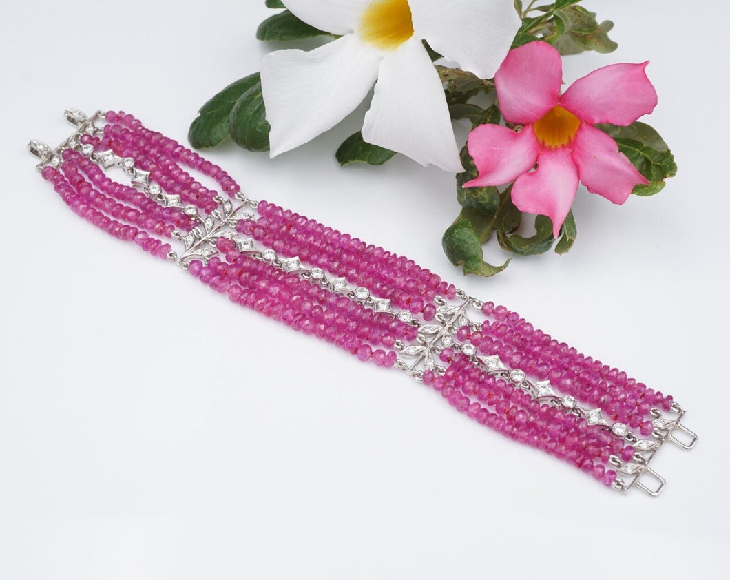 Cathy Waterman Platinum 7-Strand Floral Diamond Ruby Bead Bracelet 6.25