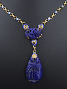 Antique 14k Yellow Gold Enamel Carved Lapis Floral Y Pendant Necklace 17" NG1462