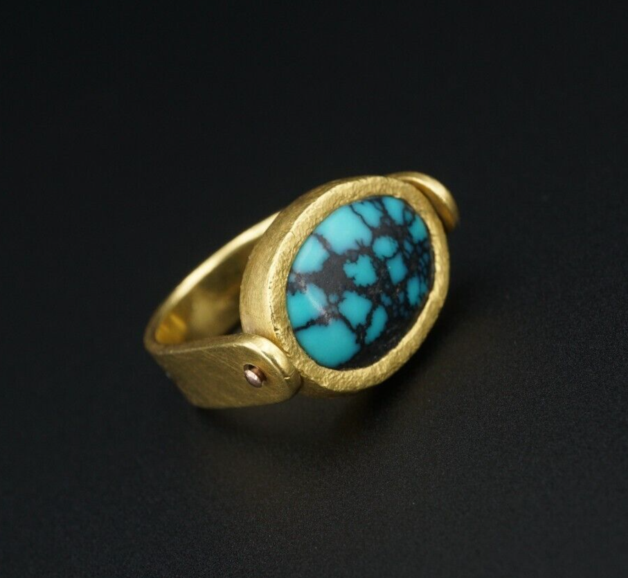 Devta Doolan 22k Gold Spiderweb Turquoise Flip Ring Size 8.5 Reversible RG4027