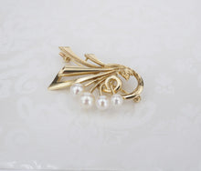 Vintage Mikimoto Pearl Brooch 14k Yellow Gold Ribbon Spray Pin 1.5" OG424