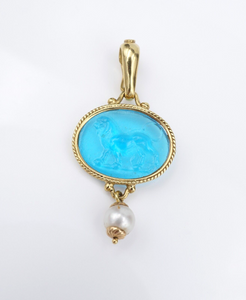 18K Gold Pearl Blue Venetian Glass Intaglio Lion Enhancer Pendant 1.8" PG1785