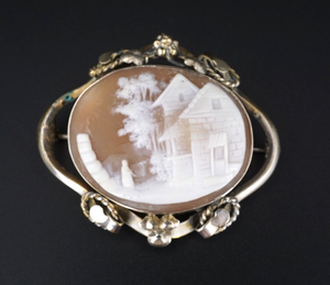 Unique Sterling Silver Carved Shell House Scene Cameo Pendant Brooch 2" OS631
