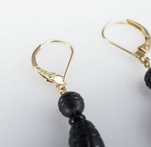 Antique 14k Gold Carved Black Jet Bead Drop Dangle Earrings 2.7" Mourning EG1619