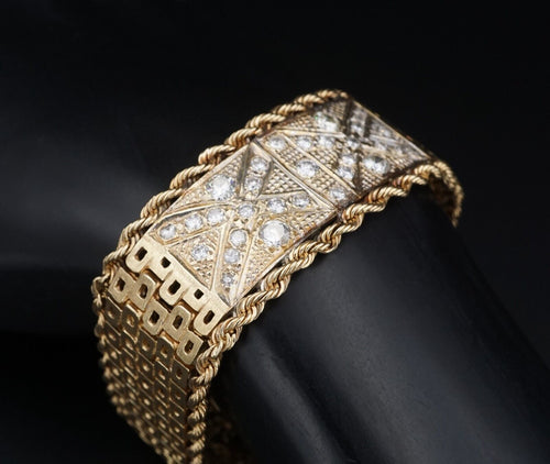 Mens 1980s 14k Yellow Gold Diamond Bracelet 23mm Wide 2 carat 7.75