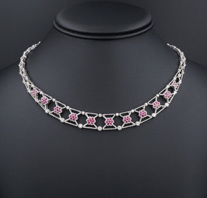 Vintage 14k White Gold Diamond Ruby Necklace 16" Collar Floral 3ctw NG1583