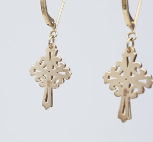 James Avery Adorned Cross Leverback Earrings 14k Yellow Gold 1.5" Retired EG2462