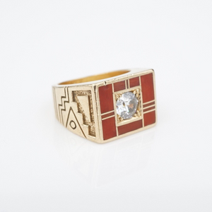 Ray Tracey 14k Ring Diamond Red Coral Inlay Navajo Gold Size 5.75 RG4310