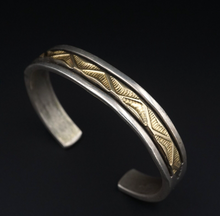Navajo Bruce Morgan Sterling Silver 14k Gold Etched Cuff Bracelet 6.5" BS2803