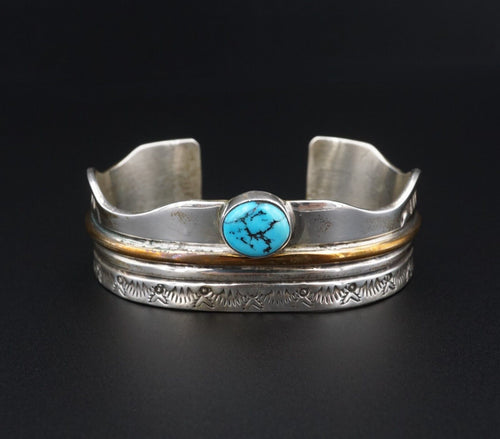 Navajo Turquoise Cuff Bracelet Brass Sterling Silver Signed RL 6.75