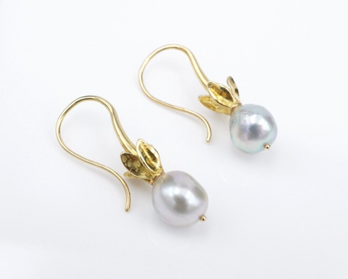 18k Gold Designer Baroque Pearl Dangle Earrings Hook Foliate EG2378