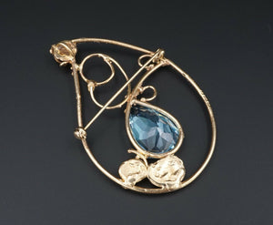 Jean Mahie 9k Pendant Brooch Yellow Gold Blue Topaz Preproduction 2.5" OG327