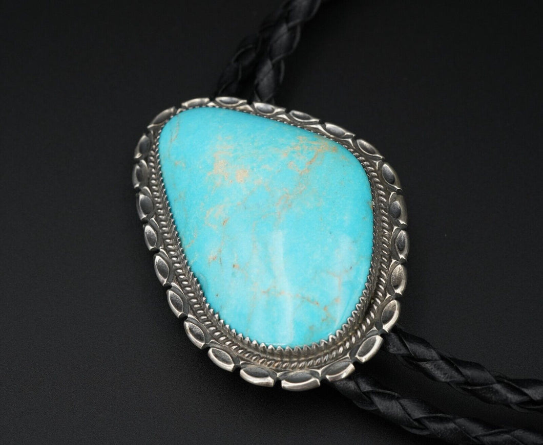 Navajo Artisan Sterling Silver Turquoise Cabochon Bolo Tie 2.5