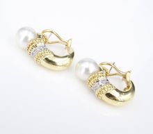 18k Pearl Diamond Earrings Huggie J Hook Yellow Gold Designer CASSIS 1.1" EG2273