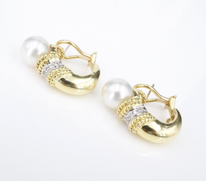 18k Pearl Diamond Earrings Huggie J Hook Yellow Gold Designer CASSIS 1.1" EG2273