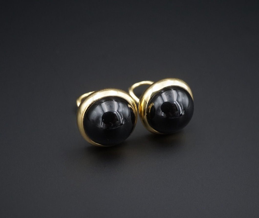 Tiffany 18k Gold Button Earrings Dome Black Onyx 16mm Clip EG2181