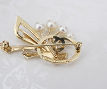 Vintage Mikimoto Pearl Brooch 14k Yellow Gold Ribbon Spray Pin 1.5" OG424