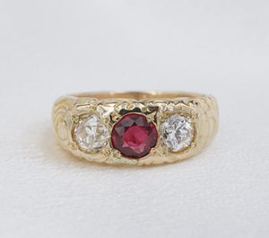 Antique Ruby Diamond Ring 3 Stone Old Euro 14k Yellow Gold Size 5 Scroll RG4102