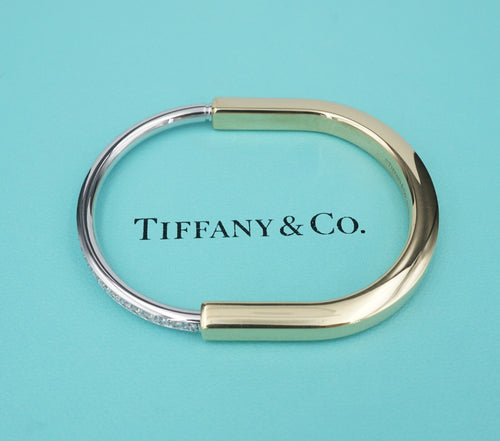 Tiffany Lock Wide Diamond Hinged Bangle 1.2ct 18k Yellow Gold Bracelet 7