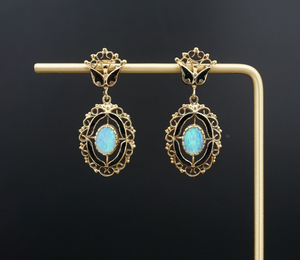 14k Yellow Gold Natural Opal Black Enamel Earrings Dangle 1.5" Vintage EG2434