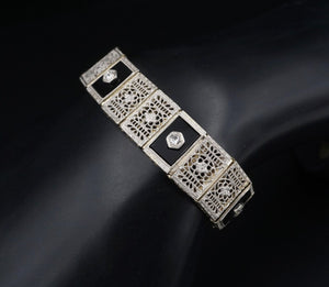 Antique Art Deco Platinum over 14k Gold Onyx Diamond Filigree Bracelet BG790