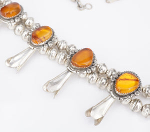 Vintage Navajo Squash Blossom Necklace Amber Sterling Silver 26" NS2163