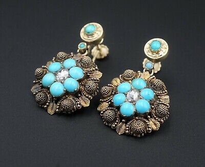 Antique 14k Yellow Gold Turquoise Rose Cut Diamond Ornate Dangle Earrings EG1598