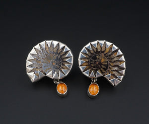 NWOT Darla Nordstrom Sterling Silver Ammonite Amber Fossil Earrings 1" ES2297