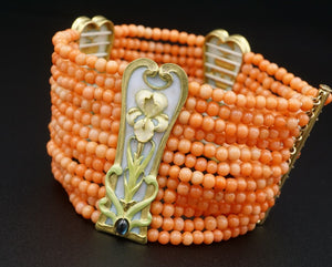 Art Nouveau Plique a Jour Sapphire Station Bracelet Coral 18k Enamel Rare BG906