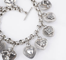 Joan Slifka Sterling Silver Reversible Heart 11 Charm Bracelet 7" Onyx BS2877