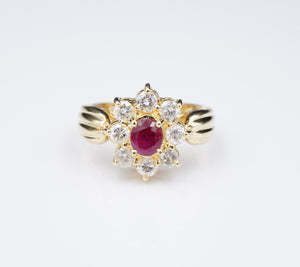 18k Yellow Gold 1.5 ctw Oval Ruby Diamond Halo Flower Ring Size 5.75 RG3567