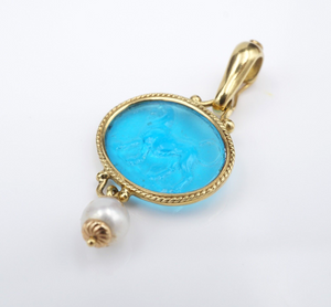 18K Gold Pearl Blue Venetian Glass Intaglio Lion Enhancer Pendant 1.8" PG1785
