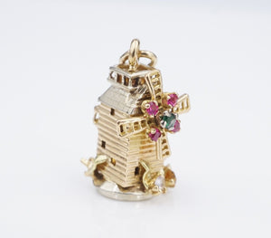 18k French Windmill Pendant Charm 1" Articulated Ruby Sapphire Vintage CHS1888