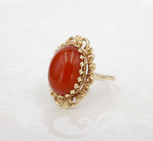 Vintage 14K Carnelian Ring Yellow Gold Filigree Cabochon Size 10 RG4315