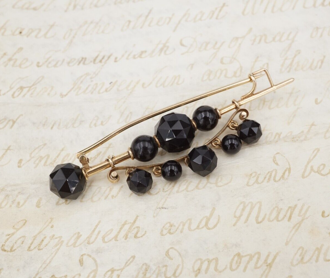 14k Yellow Gold Black Bead Mourning Brooch Bar Pin 1.2