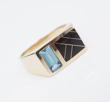 Kabana Inlay Signet Ring 14K Yellow Gold Onyx Blue Topaz Size 9 Designer RG4081