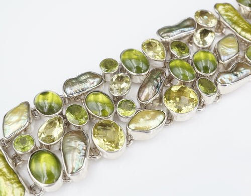 Signed Chunky Sterling Silver Green Multi Gem Bracelet Toggle 7.75