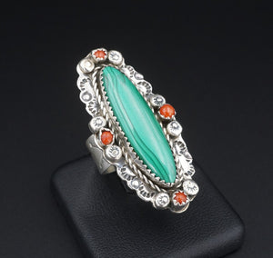 Navajo Malachite Coral Ring Sterling Silver Size 7 1.7" Long Signed E RS3389