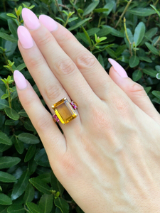 1940s Retro 14K Ring Cocktail Candy Yellow Gold 9ct Citrine Ruby Sz 5.75 RG4303